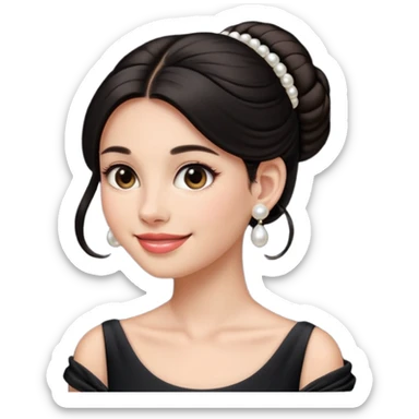 young elegant lady emoji, long dark hair in a chignon, pearl earrings, black dress, graceful smile sticker