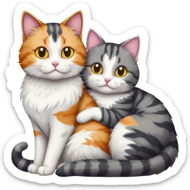 full body colourful light patched calico + white tabby cat cuddling a bigger cat that is dark grey and white tabby cat  and they are in love sticker
