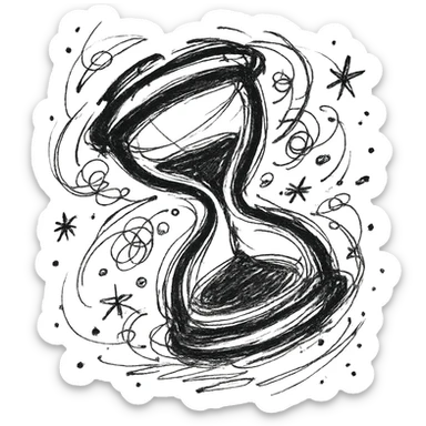 aesthetic hourglass turning over, chaotic black outlined icon style, expressive lines, dynamic motion, bold and artistic look sticker