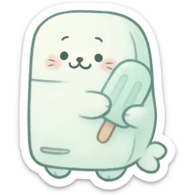 cute soft fluffy seal refrigerator, hugging a popsicle, blushing, soft mint colors, full-body sticker