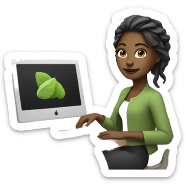 female designer with her computer and matcha sticker