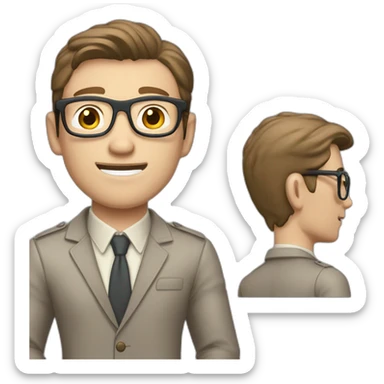 Crickering Pale skinned Fit Man With dark brown hair in gray jacket, beige office shirt, Brown pants and vintage glasses In the joke cap sticker