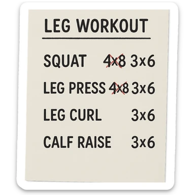 foglio di carta con scheda di allenamento gambe con volume di allenamento ridotto (fai alcuni esercizi con 4x8 scritti in precedenza sbarrati in rosso e la correzione accanto tipo 3x6), scrivila al meglio che puoi sticker