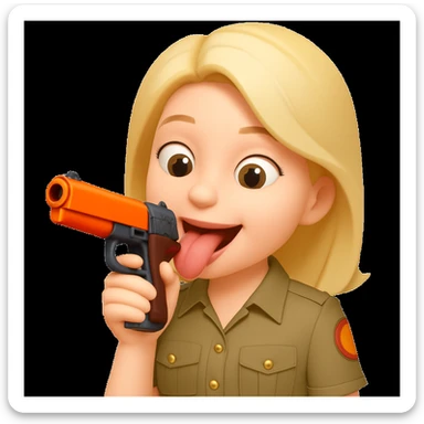 Edit the emoji so it is putting the gun toward its tongue, keeping the playful and cartoonish style. sticker