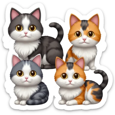 4 different coloured short haired cats including; a dark brown and white cat, and a dark grey and white, and a calico sticker