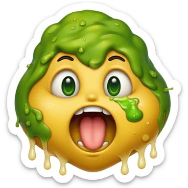 classic yellow puking face emoji, eyes squinting, mouth wide open, lots of green vomit, very expressive, closely matching the reference image sticker