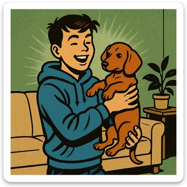 A modern day teenager wearing a blue hoodie with a puppy dachshund in a green living room sticker