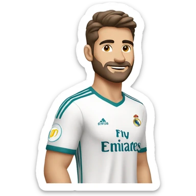 Hombre europeo moreno con perilla con camiseta del real madrid sticker