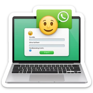 A emoji-style illustration of a laptop front facing with its screen showing onboarding form. On the screen, display a small white form card with a few input fields no labels. Add a bright green button at the bottom of the card no label. fix the keyboard letters. sticker