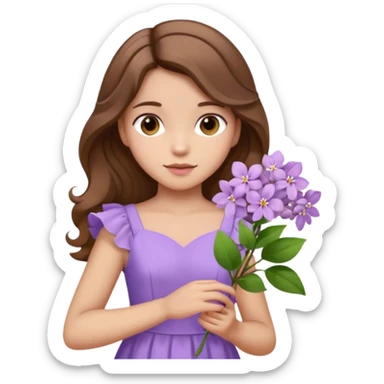 Menina parda/branca de cabelo ondulado castanho partido de lado com uma flor lilás e vestido lilás sticker