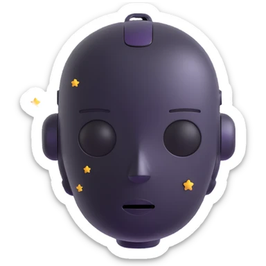 minimalist 3D cartoon-style icon of a dreaming robot head with eyes closed, soft features, small stars floating around, simple clean lines sticker
