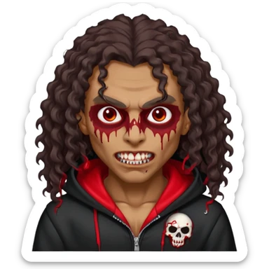 Vampire wearing black hoodie with a skull logo on it, long curly hair, brown skin, fanged teeth, blood under eye sockets/forehead, piercings on eyebrows and long curly hair with a patch (section) of red sticker
