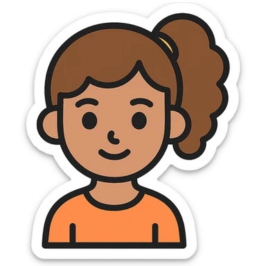 girl with brown curly hair in a ponytail, brown eyes, brown hair, color outline icon sticker