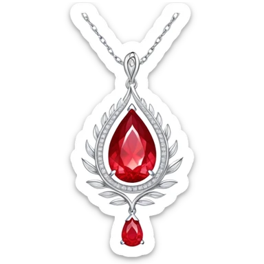 teardrop ruby pendant with fiery light, tiny phoenix feather emerging, haloed by shimmering white stones, silver chain like liquid moonlight sticker
