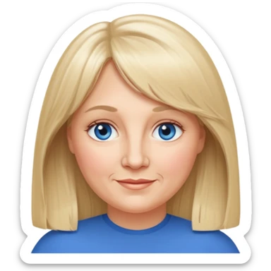 50 yr old white woman, curtain bangs, very long straight blond hair, oval face, small smile, blue eyes, slightly chubby face sticker