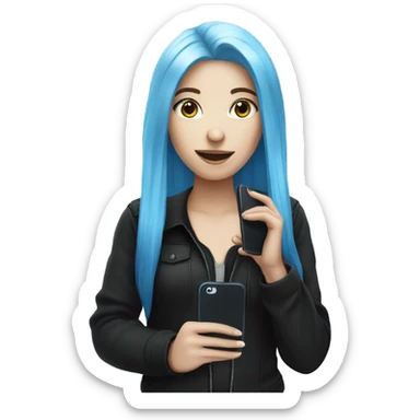 white skin girl with long blue hair in black clothes holding a phone sticker