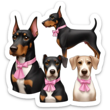 3-dobermans-including-white-one-with-a-pink-bow-tie-on-the-neck,-one-black-and-one-brown sticker
