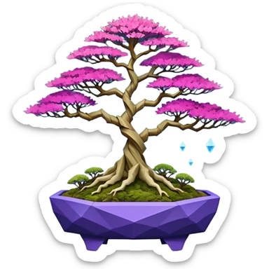 Futuristic wild glowing et alien moss maples Bonsai hair-fine-leaf group crimson crystal boxwood purple and cream pink blue informal rocky cliffhanger eight tree forest planting in shallow origami slab style pot with big feet  sticker