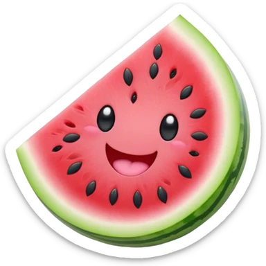 Cute Kawaii Watermelon Slice, juicy and vibrant, soft pastel green rind with pink flesh, tiny black seeds shaped like hearts, an adorable happy face with cute round eyes, bursting with summer energy! sticker