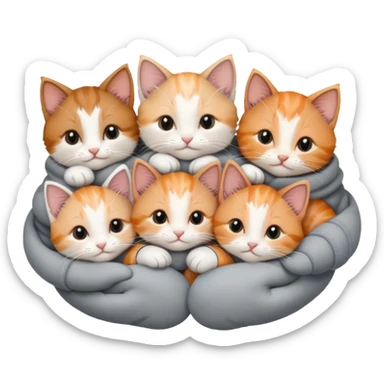 6 tiny kittens cuddling together all various different natural colours including solid grey with white mittens, grey and white, ginger and white, calico and brown and white sticker