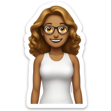 mujer adulta con gafas piel blanca sonriendo car perfilada, ojos marrones grande cabello castaño y con iluminaciones doradas en elcabello sticker