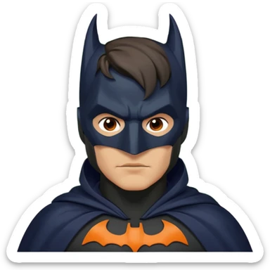 generate a batman emoji with just the face and neck showing and part of the cloak and and wings. Shade the bat logo on the chest in a medium green with a slight olive touch. Shade the mask in dark navy blue. Shade the cloak in a solid vibrant orange.

 sticker