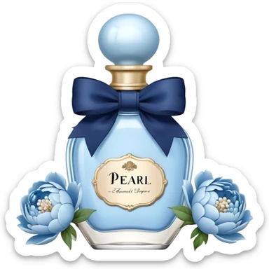pearl blue vintage style perfume bottle and navy colored peonies and a powder blue bow sticker