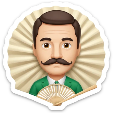 Folding paper fan with an Italian man with mustache printed as decoration on the fan surface sticker