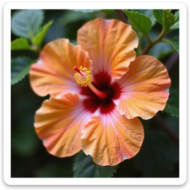 realistic orange and pink hibiscus flower, soft natural lighting, close-up sticker