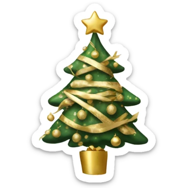 a christmas tree with white and gold ornaments and a gold wrapper sticker