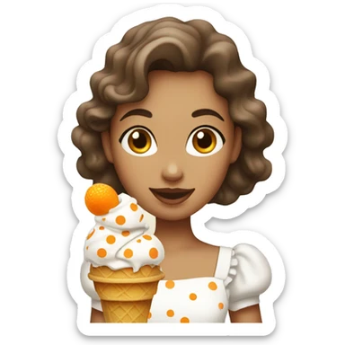 A girl wearing a white dress with orange polka dots and eating Magnum ice cream sticker