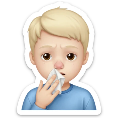 sick kid with tissue on nose and fever sticker