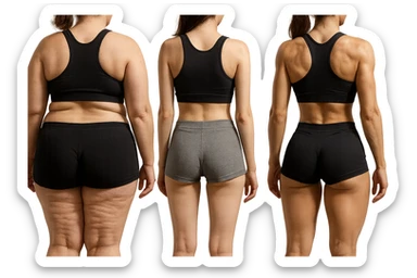 fai una donna di spalle in gym shorts leggermente sovrappeso e con cellulite e accanto una seconda donna di spalle magra (che è dimagrita post dieta) e accanto una terza donna in forma allenata e con le giuste proporzioni, l'immagine deve rappresentare il processo: da donna grassa, a donna piatta e magra, a donna allenata e in forma con i giusti muscoli, iperrealistico 4k sticker