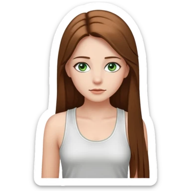 A girl with long brown straight hair, green eyes, and a white tank top; she doesn't have bangs. she wear a lot of silver jewerly  sticker
