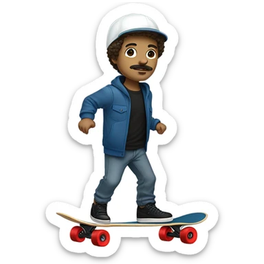 White guy with mustache skateboarding short curly hair with gold sparkly helmet and red wheels black cargo pants and blue sweatshirt and black shoes sticker