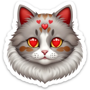 Grey Brown cat with red spots and a white heart sticker