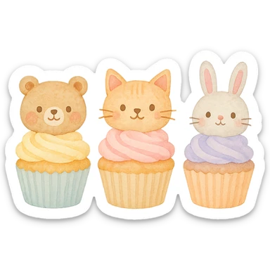 watercolor style mini cupcakes with animal faces of bear, cat, and rabbit, soft pastel tones, transparent background sticker