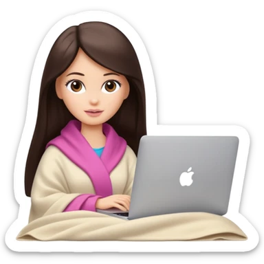 Barbie girl with a long straight dark brown hair inside a pale beige blanket working macbook  sticker