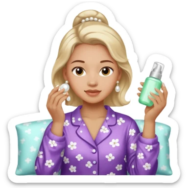 Clean girl aesthetic emoticons, apply skincare products, pearl earrings, glowing skin, pajamas, soft lighting sticker