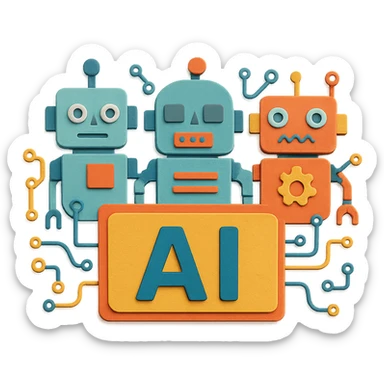 AI banner with paper craft layered robots and circuits sticker