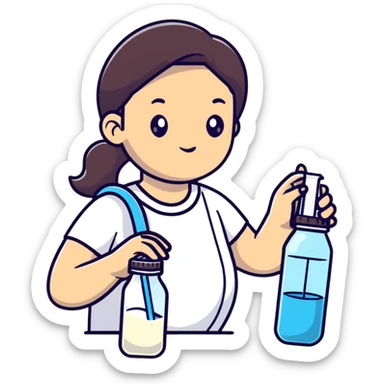 Mom holding milk bottle and vaccine syringe sticker