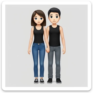 A girl with long brown hair holding the hand of a boy with short black hair, she wearing a black tank top with flared blue jeans, he wearing a black t-shirt with grey jeans, couple in love sticker