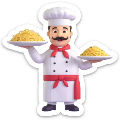 chef character with mustache holding plate of pasta, wearing chef uniform, friendly look sticker