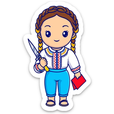 Ukrainian young girl with braided hair wearing a white embroidered traditional shirt (vyshyvanka) holding scissors and colorful craft paper sticker