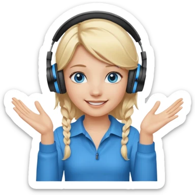girl with blonde hair and blue eys with heands telling what, having heaphones on head sticker