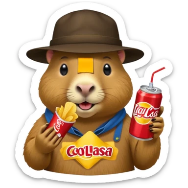 Capybara with a cool hat  eating Lays chips with coke sticker