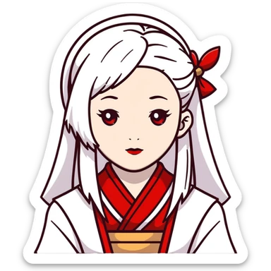forty year old albino shrine maiden with white hair, red eyes, and pale face sticker