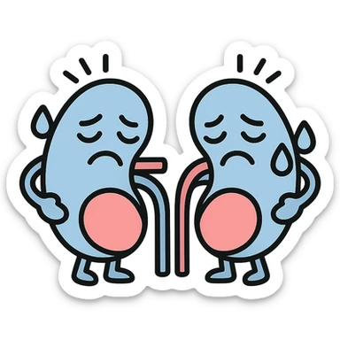 cartoon kidneys with stress lines and sweat, holding their sides, tired eyes, soft blue and pink tones, medical style sticker