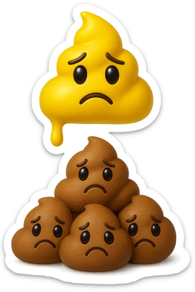 emoji stile iphone di una cacca giallina e liquida con espressione triste, sopra una montagnetta di feci a palline con espressione triste, iperrealistico 4k, isolato su sfondo bianco sticker