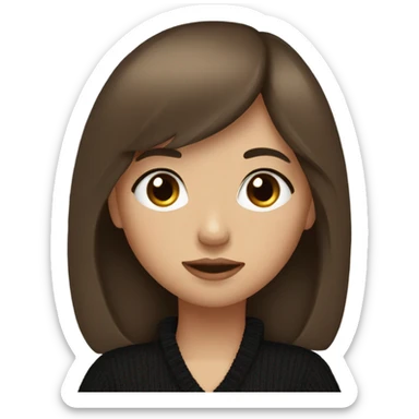 A girl with brown eyes, full lips, long brown hair with bangs, wearing a black sweater sticker